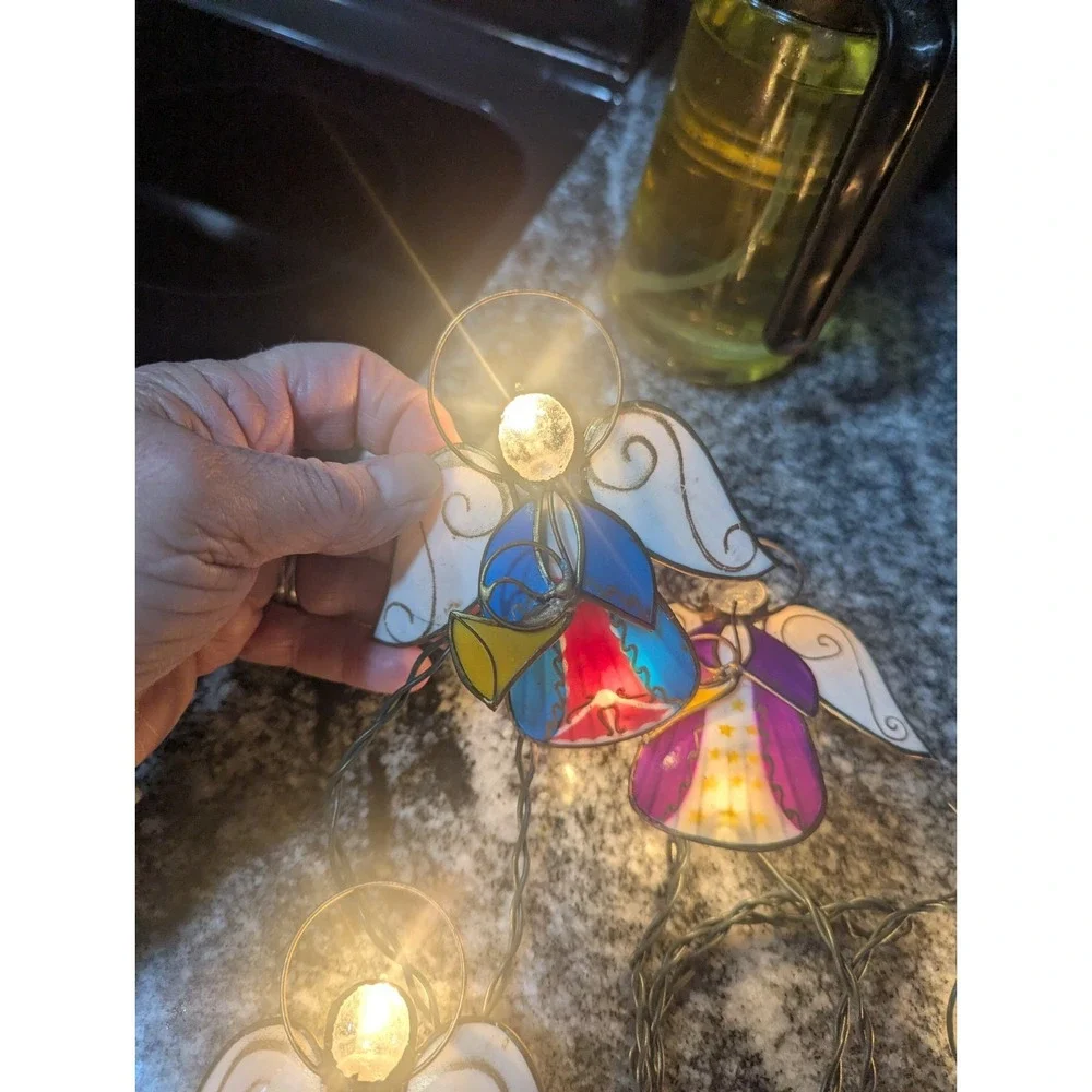 Vintage Multicolor Capiz & Wire Angel Playing Trumpets String Lights 5 Angels